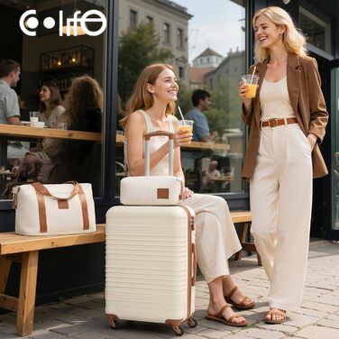 Набір валіз COOLIFE 6 в 1: 16', 20', 24', 28' + сумка та органайзер | ABS, 360° колеса, TSA-замок | Ідеально для подорожей, відпочинку та навчання – набір валіз для сім'ї | Білий/Коричневий (середній набір 3 шт, жовто/чорний)