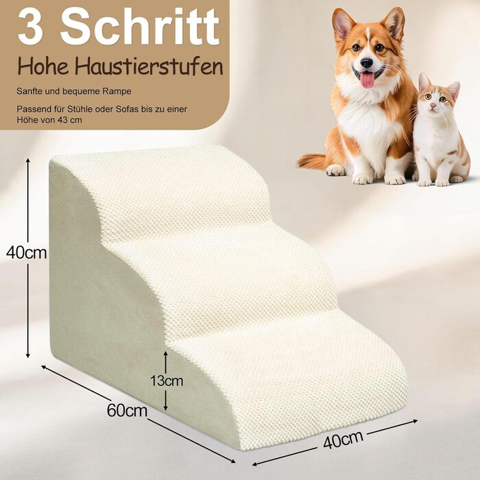 Сходинка для собак Niubya, 62 см, для котів та собак, для літніх та поранених тварин, знімний чохол та щільний пінополіуретан (Сірий, 5 сходинок)