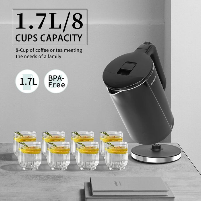 Електричний чайник Aigostar 1.7л, чорний матовий, нержавіюча сталь, 2200W, з подвійними стінками, автоматичне відключення, BPA Free, для кухні та офісу