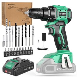 Акумуляторний шуруповерт безщітковий 21V BETENST з акумулятором 2.0Ah, 45Nm, 20 моментів, патрон 10mm, 2 швидкості, 20-ти елементний набір для дому, саду та DIY проектів (зелений)