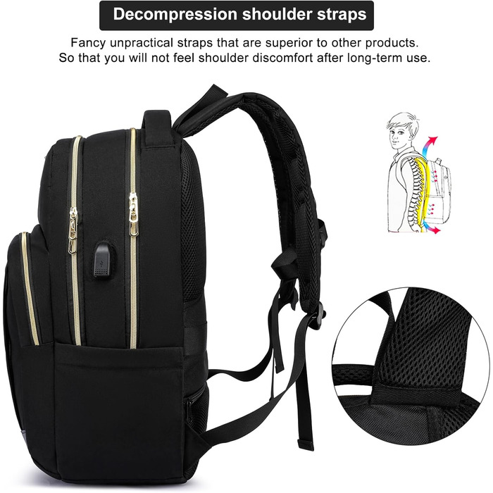 Рюкзак шкільний YIORMIOR для підлітків, чоловіків та жінок, 35L, USB-порт для зарядки, 15.6 дюймів, чорно-золотий