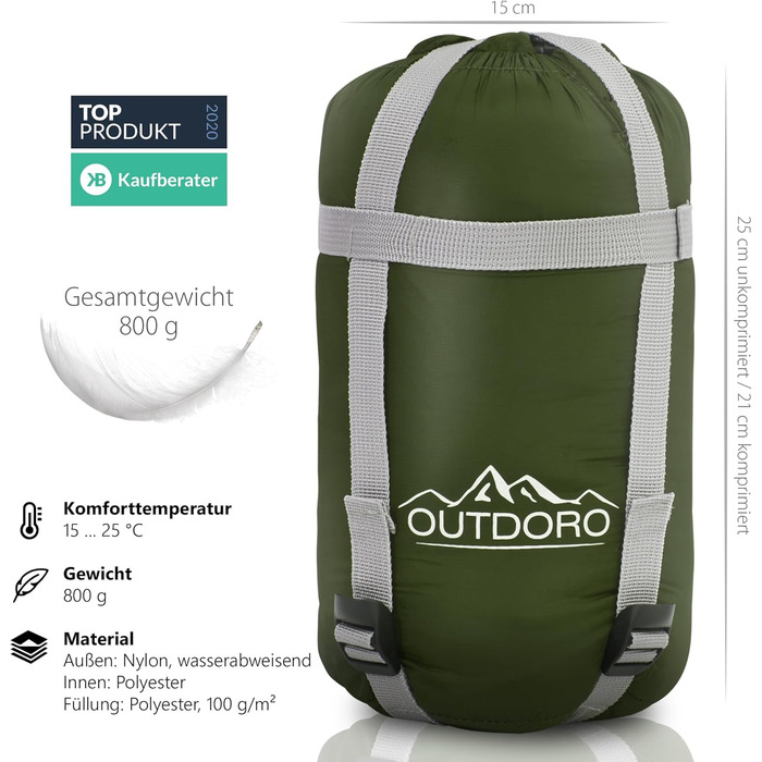 Сплячий мішок Outdoro ultraleichter 800g - легкий, тонкий та теплий. Ідеальний літній спальний мішок, тип мумії для чоловіків, жінок, дорослих. Кольори: блакитний (застібка зліва), зелений (застібка справа)