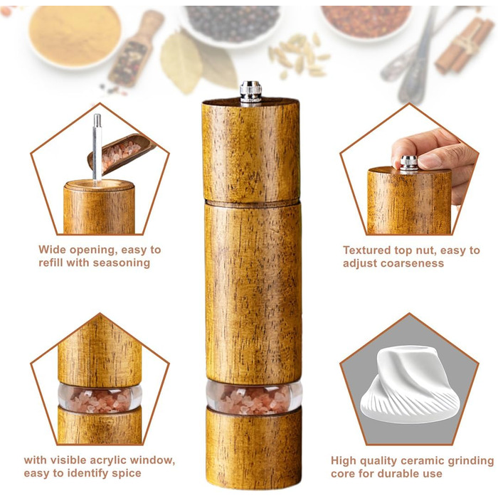 Механічна млинка для солі та перцю з керамічним жорном, регульована ступінь помелу, набір 2 шт. з підставкою, висота 21,5 см