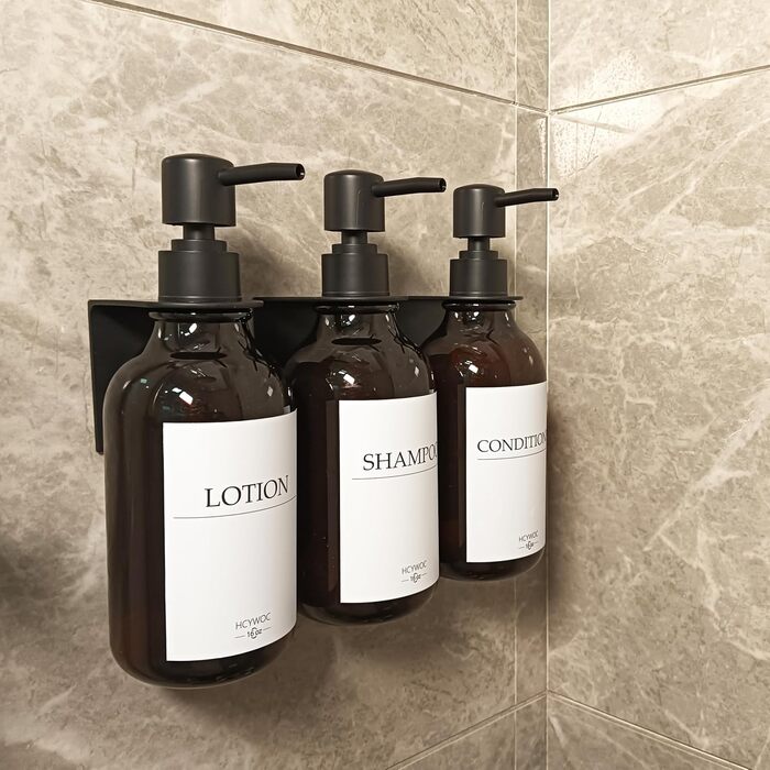 Набір дозаторів для мила та шампуню на стіну, 500 мл, 3 шт. з етикетками, без свердління, для ванної кімнати, янтарно-коричневий, чорний насос