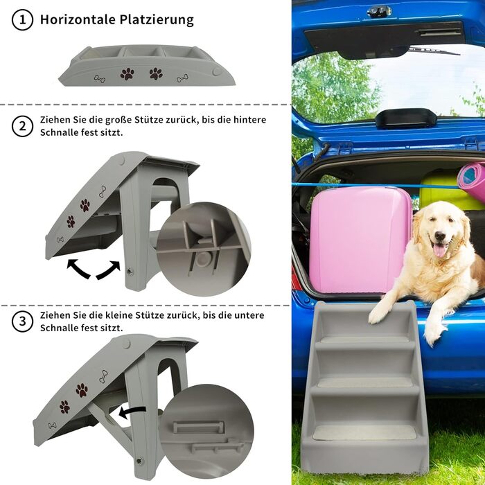 Froadp 49x38x61cm Folding Stairs for Dogs Made of Plastic, Folding Dog Steps with 4 Steps & Felt Mat, Non-Slip Cat Stairs, Bed, Balcony, Sofa, Portable Pet Stairs for Dogs and Cats (Grey)