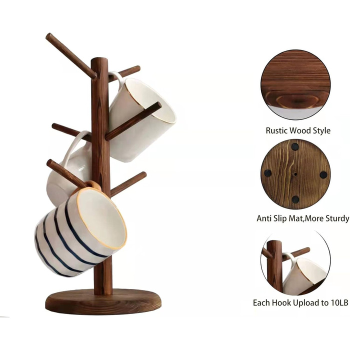 Wooden Mug Holder with 6 Hooks, Countertop Mug Stand, Coffee Bar Accessories & Organizer Station, White (Brown)