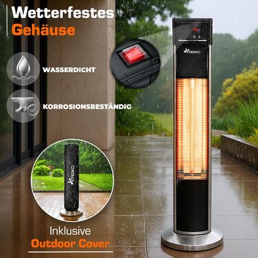Інфрачервовий обігрівач TRESKO 2000W з пультом керування | Тепловий випромінювач для тераси, електричний, 3 режими | Обігрівач для тераси, внутрішній та зовнішній | Інфрачервовий обігрівач з LED-дисплеєм (срібний)