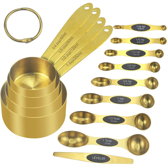 Magnetic Measuring Spoon and Cup Set of 13 for Kitchen, 8 Piece Double-Sided Magnetic Measuring Spoons with Leveler, 4 Piece Stainless Steel Measuring Cups for Measuring Liquid and Dry Ingredients