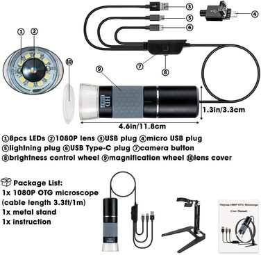 Цифрова мікроскоп-камера Ninyoon 1080P USB для iPhone, iPad, Android, PC, 50-1000x, з підсвічуванням, для монет, рослин, паяння, шкіри, скальпу