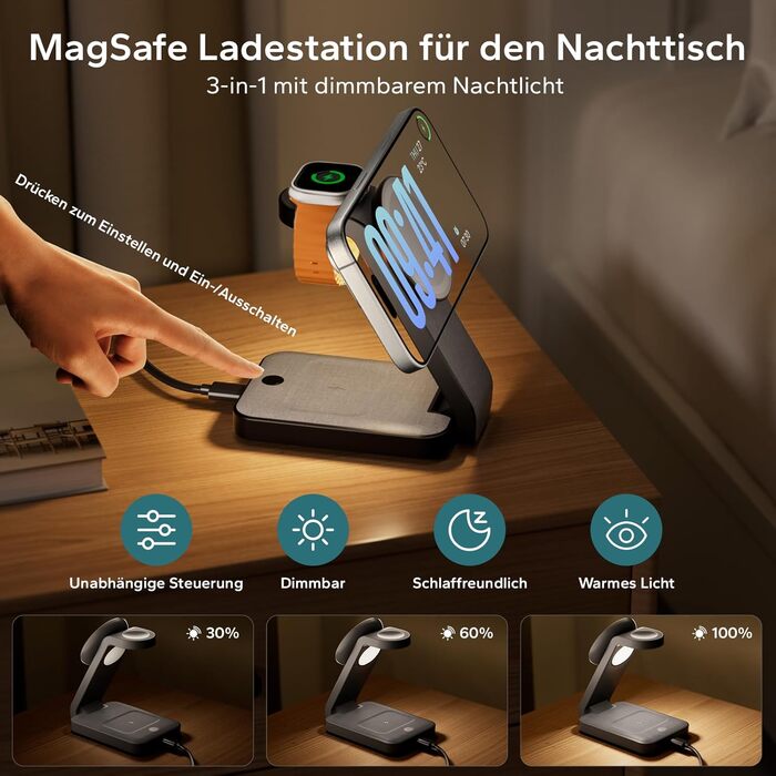 Сумка-органайзер для Apple Watch та iPhone з MagSafe, чорна: зарядка 3-в-1 для iPhone 17, 16, 15, 14, 13, 12 Pro Max