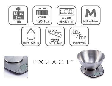 Кухонні ваги EXZACT EX4350 з нержавіючої сталі - електронні ваги з мискою для приготування та випікання, функція тарування, до 5 кг