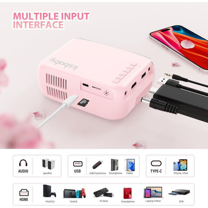 Портативний проєктор KSBABY Outdoor LED, міні проєктор для перегляду фільмів на вулиці, сумісний з HDMI, USB, ноутбуком, TV Stick, iOS та Android. Рожевий.