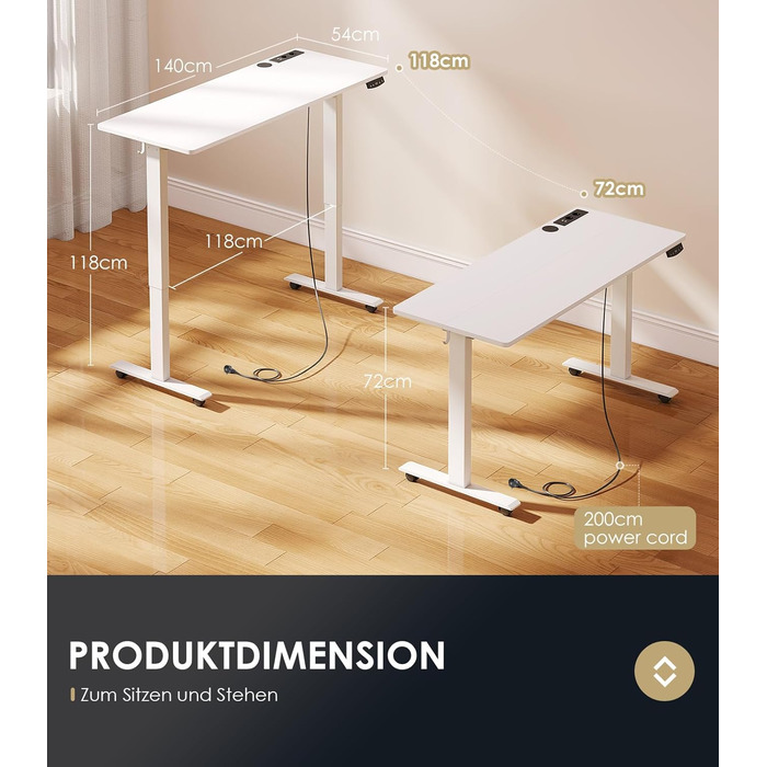 OffiGo Electric Standing Desk with USB Ports - Height Adjustable Desk for Home & Office - Memory Function, White - 140x54cm