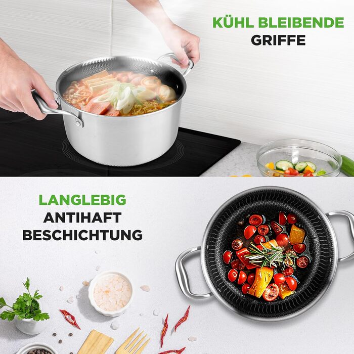 Набір каструль NutriChef з нержавіючої сталі, 6 предметів – антипригарні сковорідки 20см, 25см, 30см з кришками, підходить для індукційних плит, стійкий до подряпин та придатний для духовки, можна мити в посудомийній машині. Включає каструлю об'ємом 5 літ