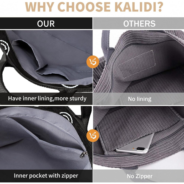 Сумка KALIDI Cord Shopper жіноча повсякденна для школи, роботи, покупок (Blacksmile)