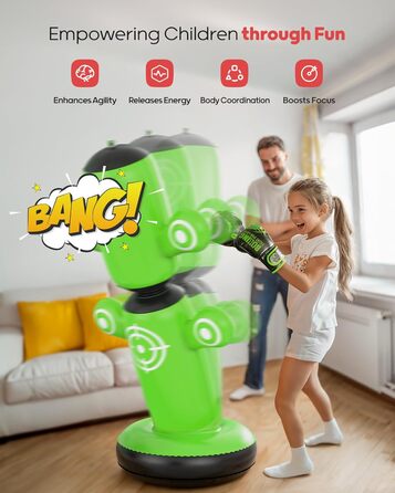 Дитячий боксерський мішок QPAU 360° з 6 цілями, для дітей 6-14 років, 163 см, з рукавичками та насосом, зелений