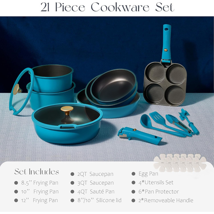 Набір посуду Carote 21 предмет, антипригарне покриття, знімні ручки, індукція, синій (Pfauenblau)