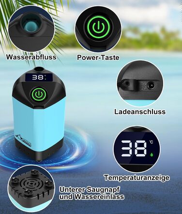 Портативний душ для кемпінгу WADEO з акумулятором та насосом, 6000-8000mAh, блакитний. Душ для подорожей, саду, автомийки з індикатором температури