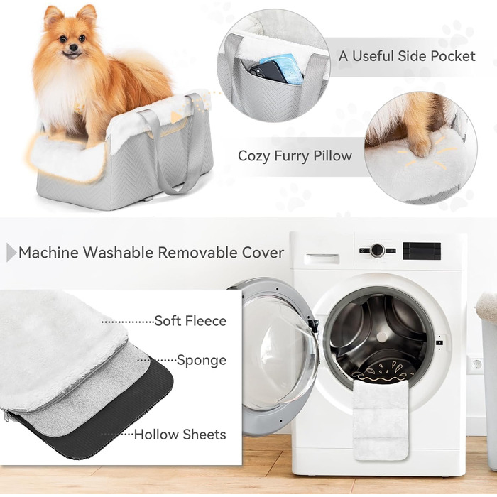 Автокрісло для собак PETS FITHunde Mittelkonsole, сірий та білий колір, до 5 кг, з безпечними ременями та знімним м'яким килимком