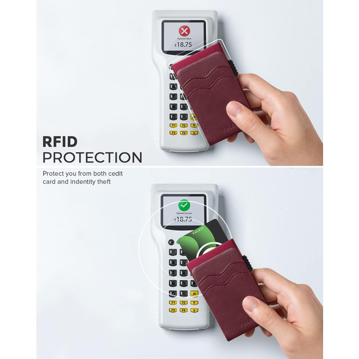 VULKIT Слайдер-гаманець з RFID захистом для карт та грошей, шкіряний мінімалістичний металевий картхолдер (Бордовий)