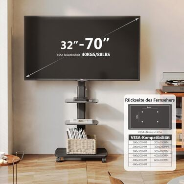 FITUEYES Rolling TV Stand with 3 Shelves - Adjustable Height & Swivel - Fits 32-70 Inch TVs (up to 40kg) - VESA 400x600 - White/Black