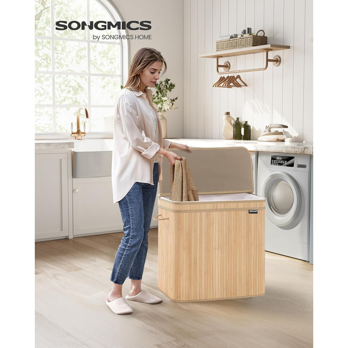 Бамбуковий кошик для білизни SONGMICS з кришкою, 150 л, з ручками і знімним мішком, натуральний бежевий, для ванної, спальні, вітальні