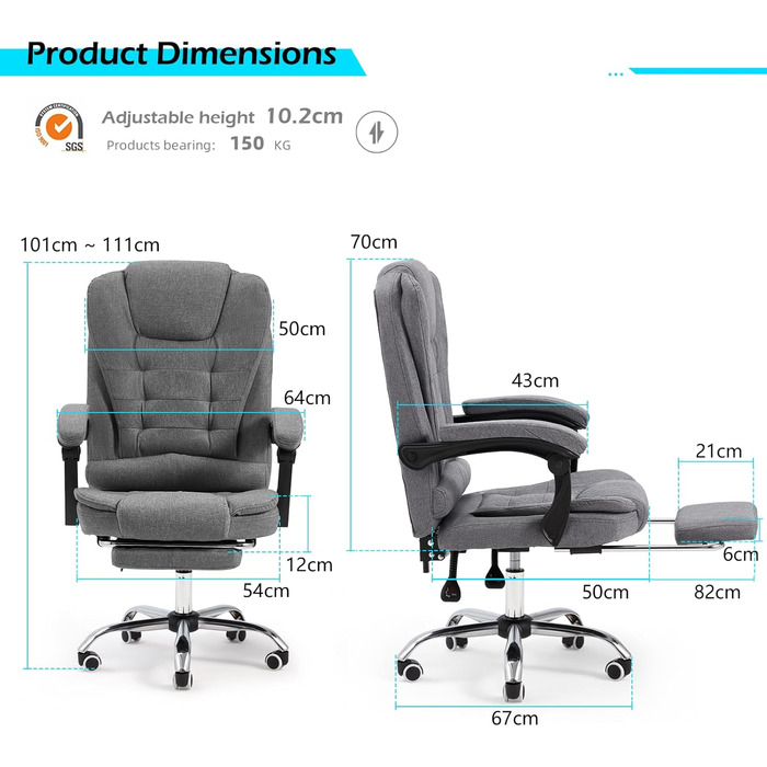 Офісний крісло YODOLLA, 200 кг, ергономічний, з регульованою спинкою, з підніжкою, сірий