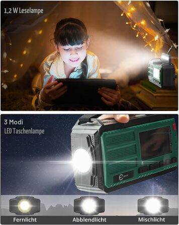 Радіоприймач Esky Kurbelradio з сонячною батареєю, 10000mAh, AM/FM, USB-зарядка, LED-ліхтарик, SOS-сигнал, компас, портативне для кемпінгу та надзвичайних ситуацій, зелений