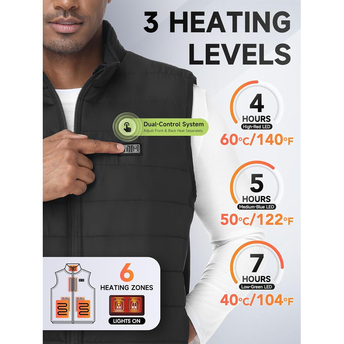 Обогріваючий жилет, жилет з підігрівом для жінок та чоловіків, тепла куртка з акумулятором, куртка з підігрівом з Powerbank, 7.4V/5.0V куртка з 3 рівнями налаштування температури, 6 зон обігріву, теплий жилет, зимова куртка, водонепроникний одяг з акумулятором, чорний - 10000mAh 5V Powerbank