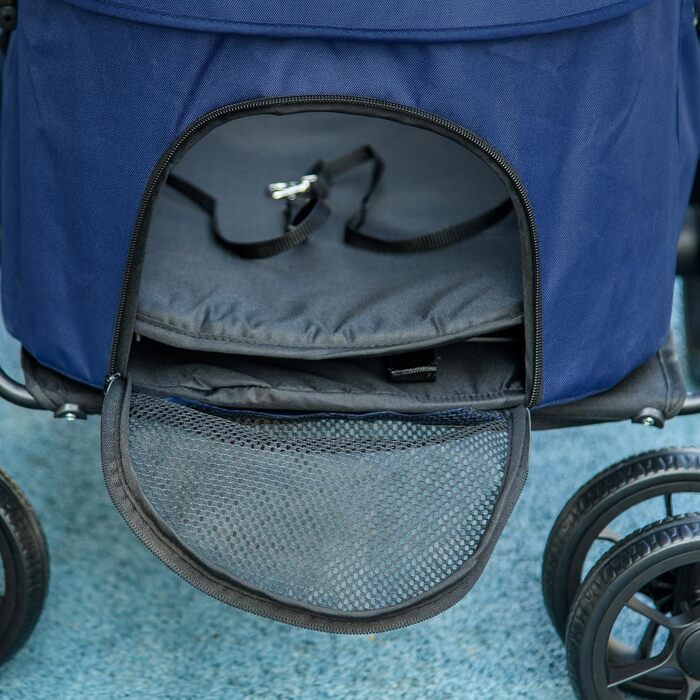 PawHut 2-в-1 візок для собак та котів з дощемiком, складний, з 2 повідками, для маленьких тварин, Оксфорд, темно-синій