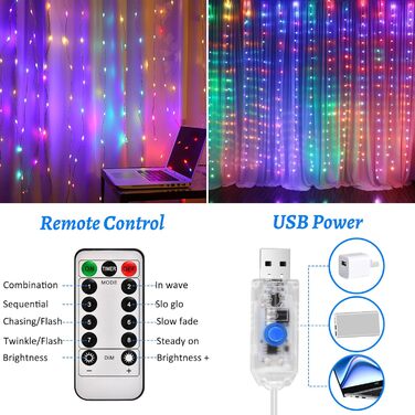 Льодосвітна завіса 3Mx3M з 300 LED, USB, 8 режимів, пульт, таймер, вологостійка, для декору вечірок, свят, спальні (біла, кольорова)
