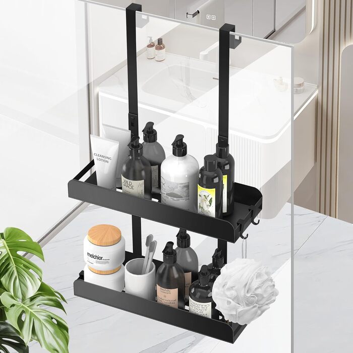 Настінна поличка для душу без свердління, чорна, з 4 гачками. Органайзер для шампуню та інших аксесуарів у ванну кімнату та кухню. Підходить для безрамкових скляних дверей.
