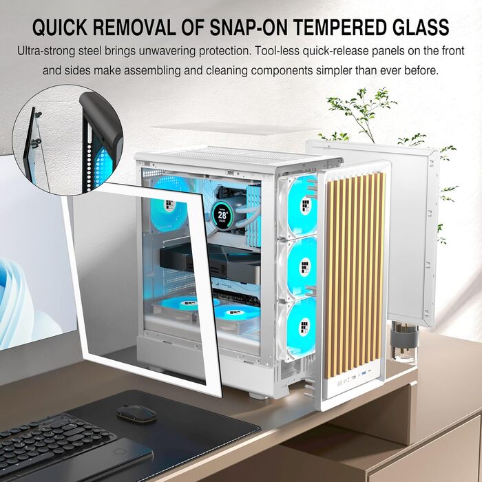 Корпус для ПК FOIFKIN з дерев'яною передньою панеллю з горіха, 4 PWM ARGB вентилятори, ATX Mid-Tower, USB Type-C, (M1, Білий)