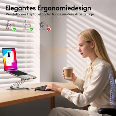 Підставка для ноутбука TECKNET 360° - регульована висота, металева, ергономічна, сумісна з MacBook, Dell (до 17.3