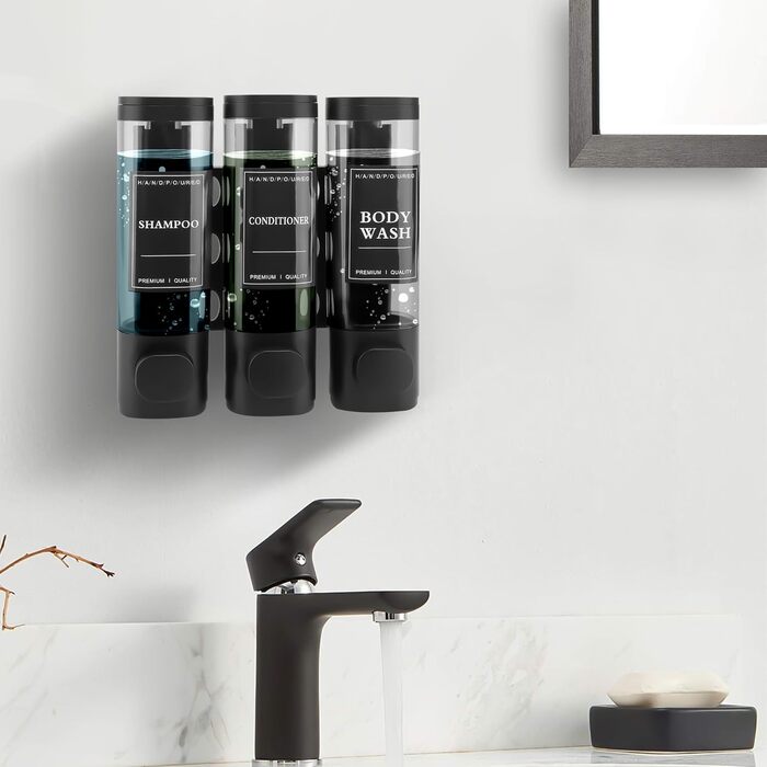 Настінний диспенсер для мила та гелю для душу з 3 відсіками (300мл, ABS, чорний)
