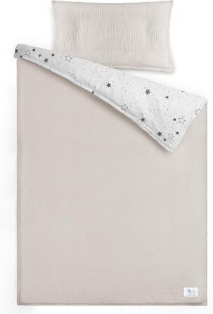 Набір постільної білизни для дитячого ліжечка Lulumoon з мусліну 100x135 см: простирадло 100x135 см + наволочка 40x60 см з бавовни Oeko-TEX Standard – легка та комфортна постільна білизна для малюків. Теплий сірий колір, зірки, 100x135 см + 40x60 см