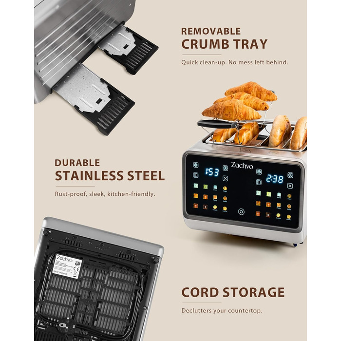 Тостер на 4 шматочки з сенсорним екраном та таймером – нержавіюча сталь, довгі слоти, 2 незалежні зони температури, підставка для бургерів та сендвічів, 6 програм, срібний колір