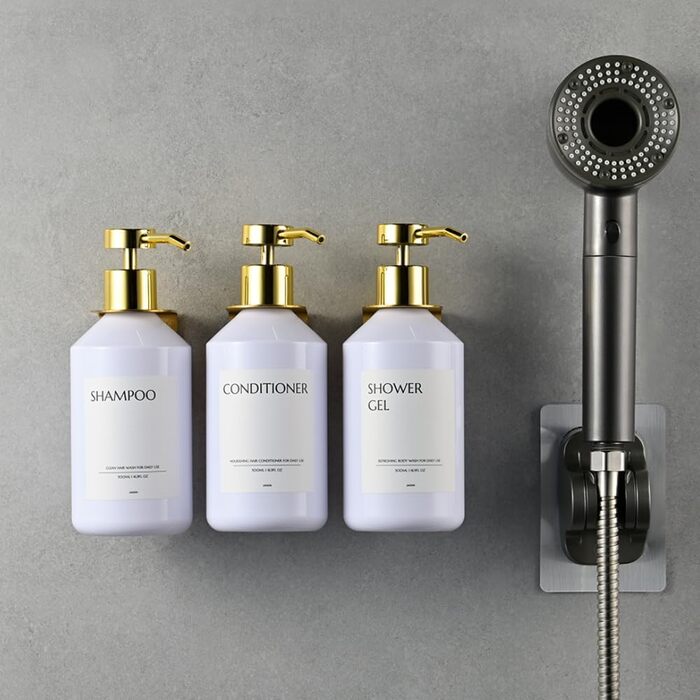 Набір з 3 сеппенсерів для кріплення на стіну, 500 мл, дозатор для шампуню/гелю для душу, чорний, без свердління, для кухні та ванної кімнати (біла пляшка + золотий дозатор)