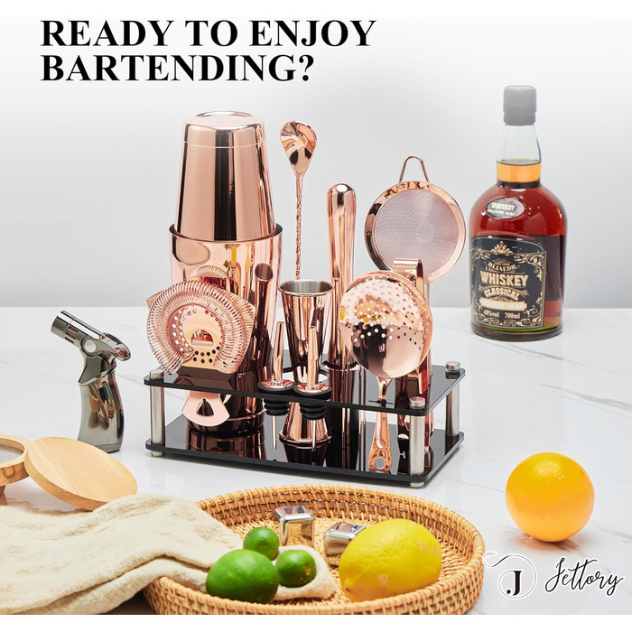 Набір шейкерів Boston - 16 предметів, нержавіюча сталь, рожеве золото, з акриловою основою, сито, щипці для льоду, барна ложка, мірний стакан, мадлер, виливач для пляшок та коктейльні шпажки