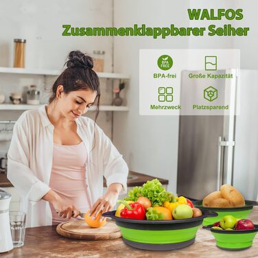 Дуршлаг силіконовий розкладний WALFOS, набір 3 шт (24.6+29.2+34 см), блакитний/зелений - для овочів, фруктів, макаронів