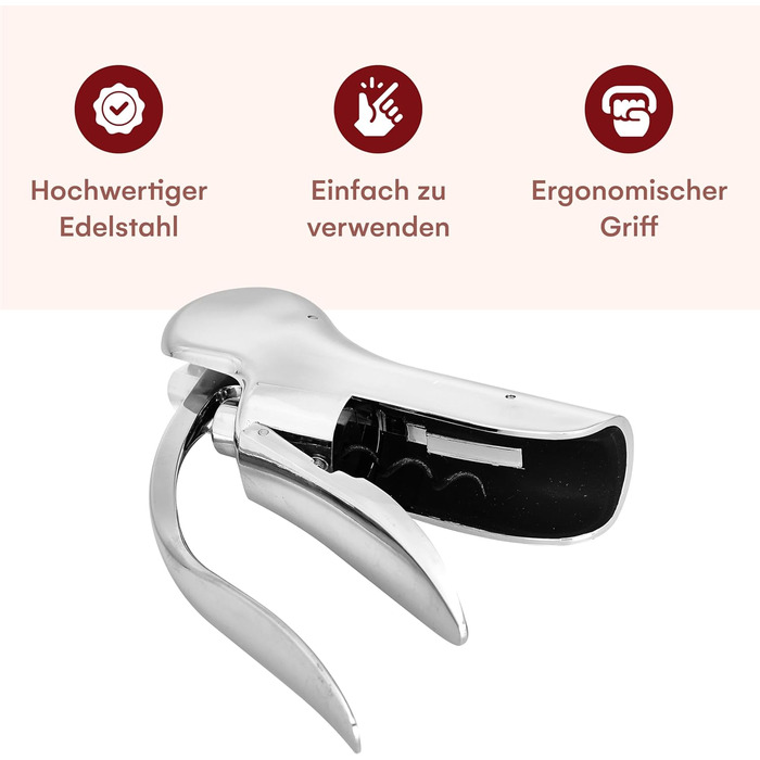 Kitchtic Wine Opener - Wine Bottle Opener - Stainless Steel - Opens in just 3 seconds with a quick up and down motion - Waiter's Knife - includes foil cutter - Silver