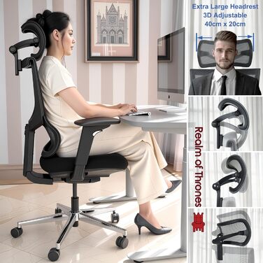 Офісний стіл Realm of Thrones CAPTAIN Deluxe: ергономічний стілець з регульованою поперековою підтримкою, дихаюча спинка, комфортне сидіння, сталева база, відкидні підлокітники (сірий)