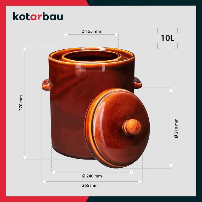 Керамічний гартопф KOTARBAU 10 л, бурий, з герметичною кришкою для квашення, соління, з водяним затвором