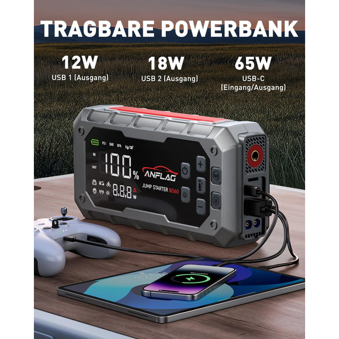 Портативний акумулятор Starthilfe ANFLAG 7000A 26800mAh з компресором 160PSI для автомобілів, підтримка бензинових та дизельних двигунів (14.0L), PD65W, LED-ліхтар