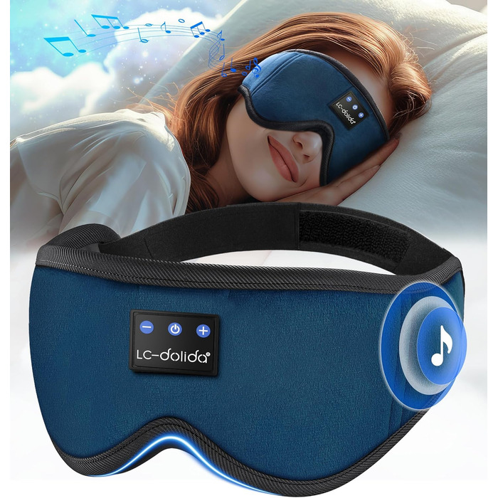 Маска для сну з навушниками Bluetooth LC-Dolida V5.4, 3D маска для сну, дихаюча бавовняна маска для очей з мікрофоном для подорожей, сну, йоги, медитації (Темно-синій)