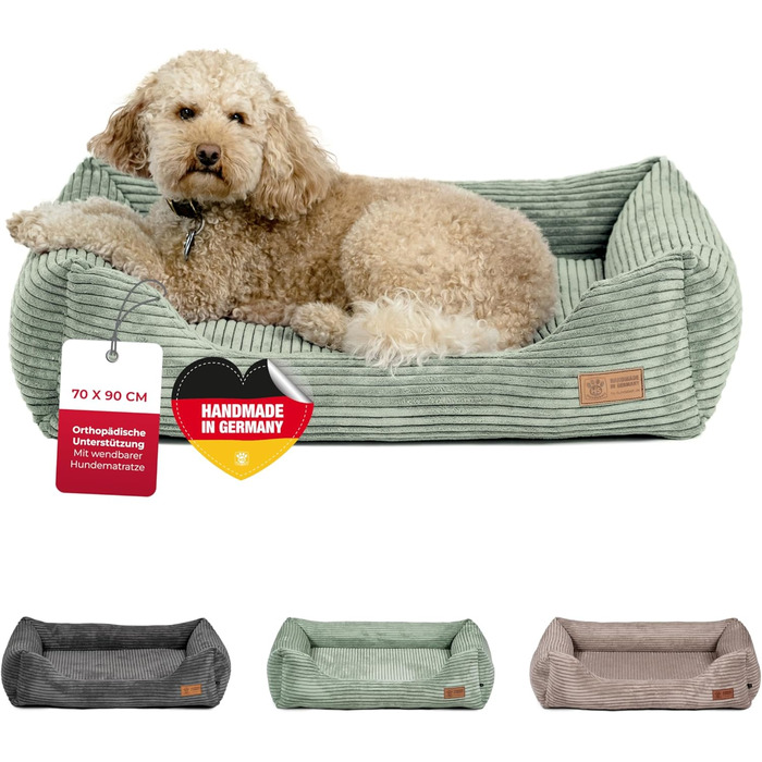 Ортопедичне ліжко для собак HS-Hundebett® Deluxe Cord M (70x90 см) – Зелене ліжко з memory foam для великих собак, миється, не слизьке, Made in Germany