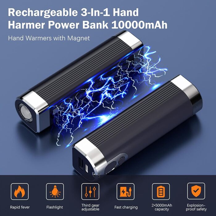 Електричний грілка для рук 2 шт., 10000mAh, USB, 3 рівні нагріву, чорний - для жінок, чоловіків, сім'ї, кемпінгу