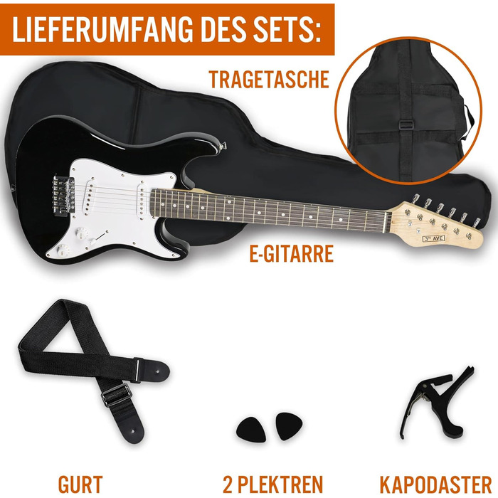 Електрогітара 3/4 для дітей та підлітків 3rd Avenue XF Starter Kit з чохлом, ременем, медіаторами та каподастром - Чорний