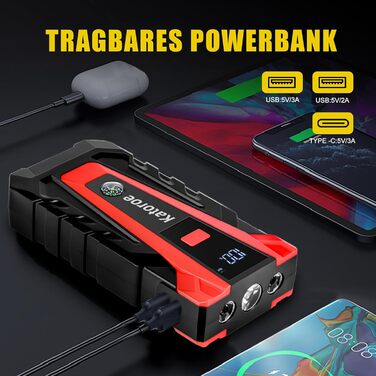Powerbank Starthilfe 4000A: Зарядний пристрій для авто, SUV та мотоциклів з LED ліхтариком. Підходить для бензинових двигунів до 9.0L та дизельних до 7.0L