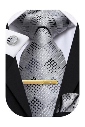Набір краватки, кишенькового хустинки та запонок Hi-Tie, золотий, формальний шовк, для весілля та свят (сірий у керобку)